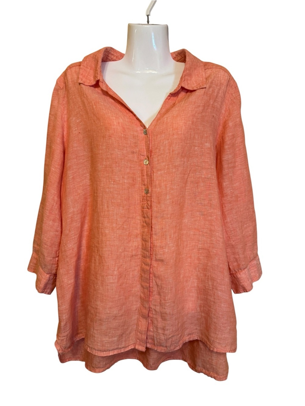 Chico’s 100% Linen Coral Button Front Popover Tunic Top Size 3